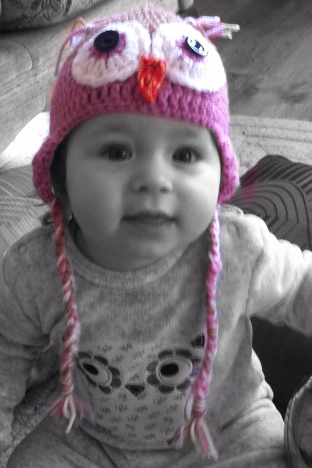 Here’s Erin aged 7 months in one of my owl hats